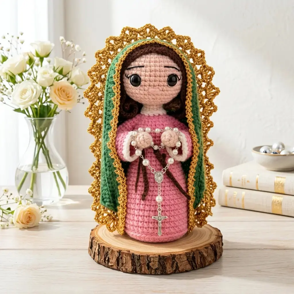 Handcrafted Our Lady of Guadalupe Crochet Amigurumi Doll, Soft Yarn Religious Art Decor, Catholic Gift with Rosary Accent, Prayer Room Ornament