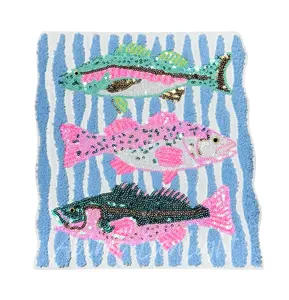 Pink and Teal Fish Trio Summer Sequin Chenille Patch - Large