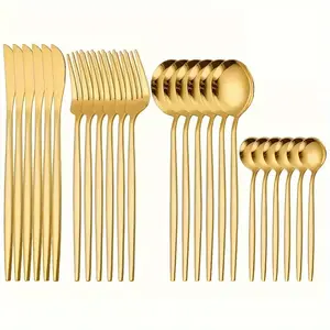 24-piece stainless steel tableware set, Dinnerware service set, including steak knife, fork, spoon and teaspoon, mirror-polished, lightweight and sturdy, suitable for home, restaurant, camping, dishwasher washable