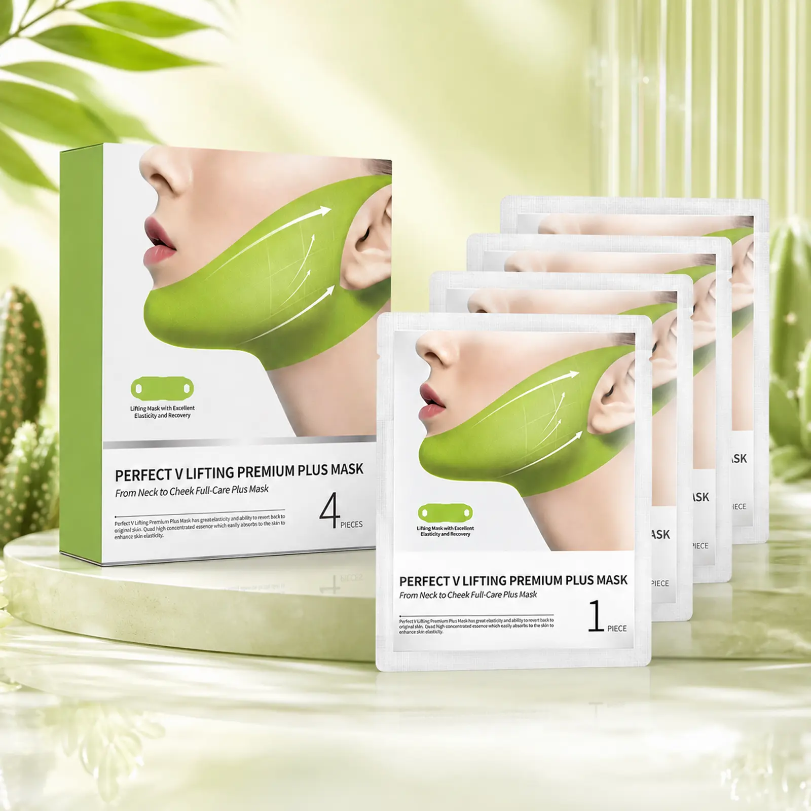 Cooling V-Line Face Lifting Mask & Chin Patch Set - Double Chin Reducer & Jawline Firming Strap for Women - Anti-Aging Neck Tightening Contour Tape - High Elastic V-Shape Wrap for Overnight Repair & Home Spa Skin Care