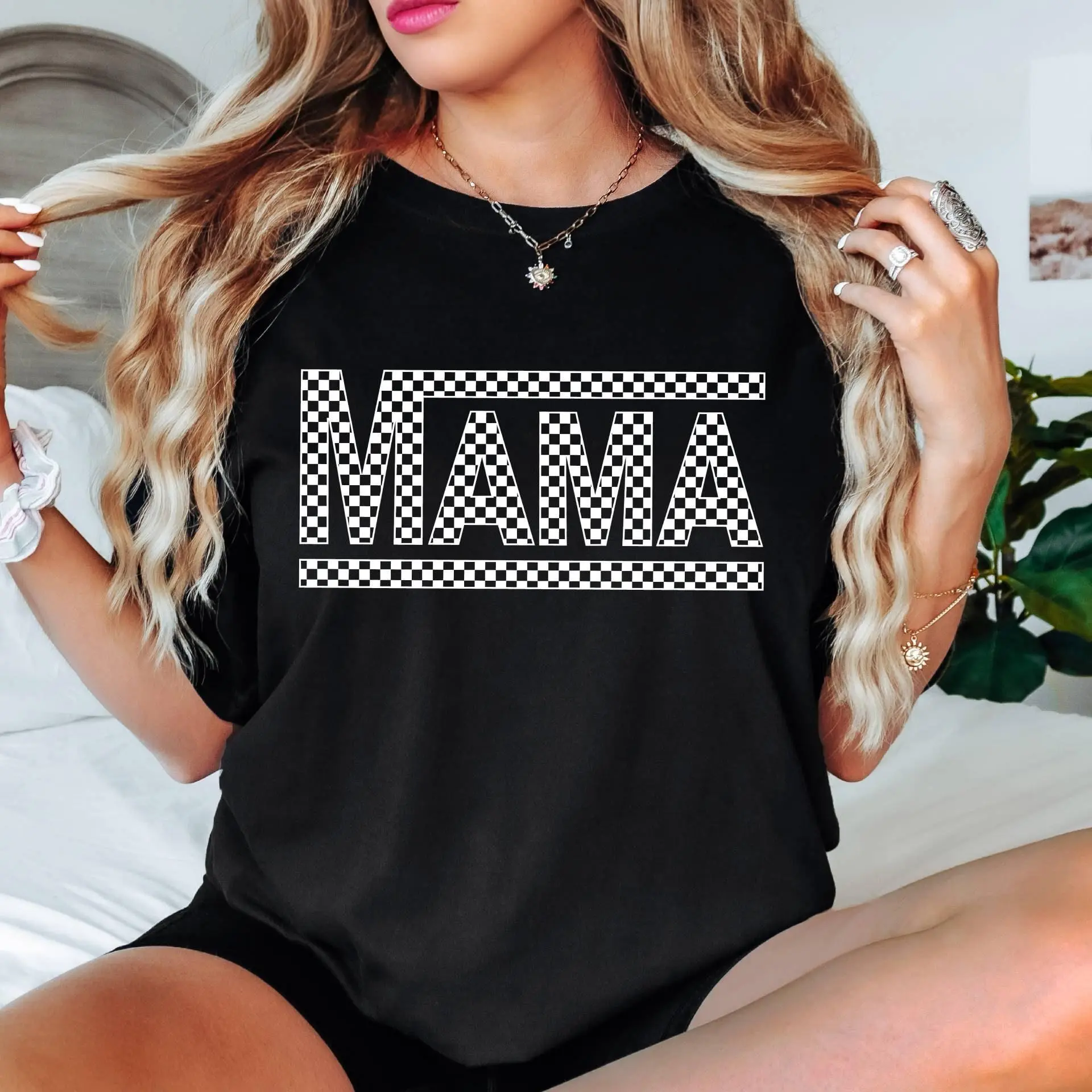Short Sleeve  T-Shirt Checkered Mama Tee - Mother’s Day T-Shirt with Checkered Pattern and Classic Round Design, Perfect Gift for Mom Top Womenswear