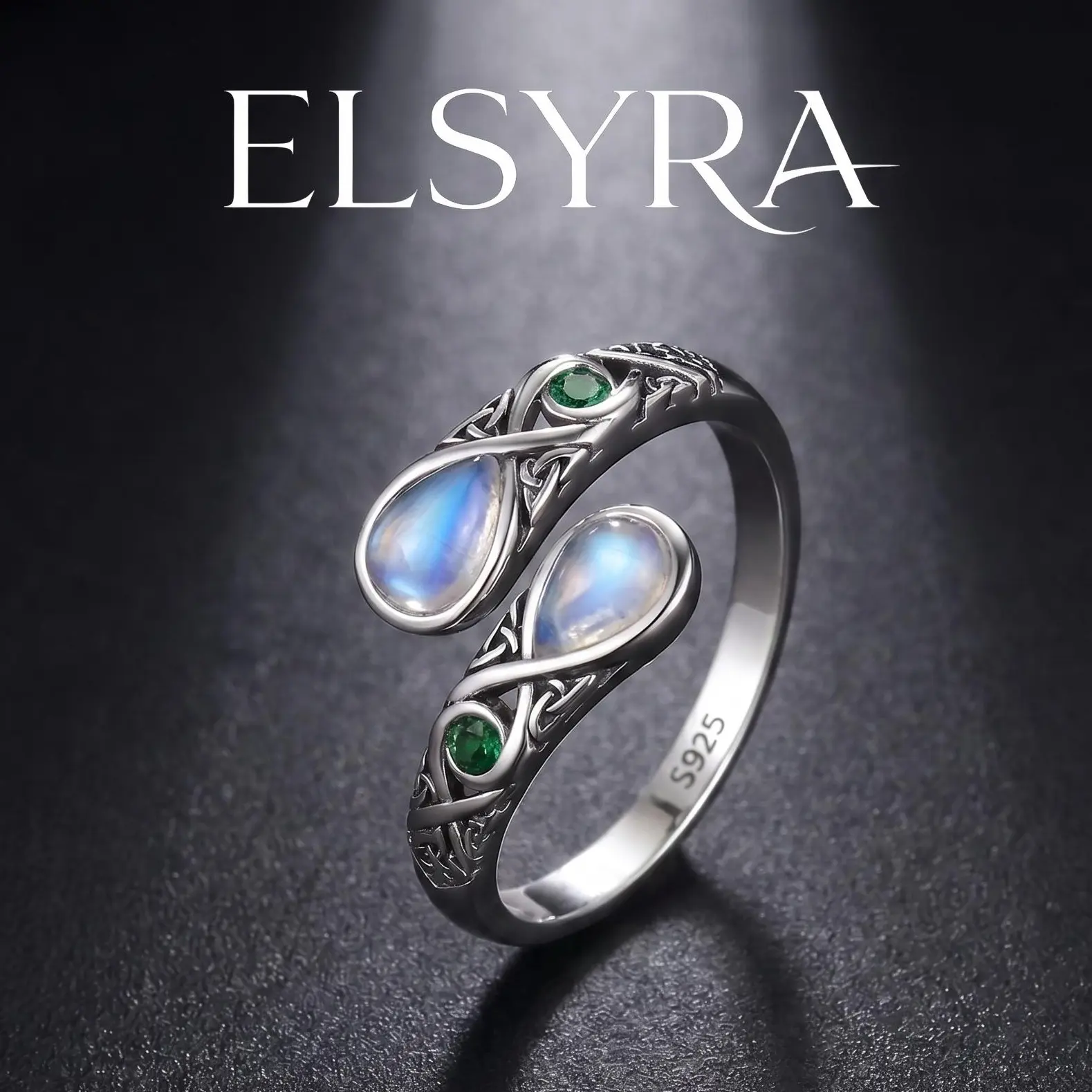 S925 Sterling Silver Elegant Rainbow Moonstone Ring with Celtic knot pattern and Devil's eye pattern – Vintage Victorian Style, Adjustable Thumb Jewelry for Women, green Devil's eye ring with love pattern,Spoon ring as a jewelry gift