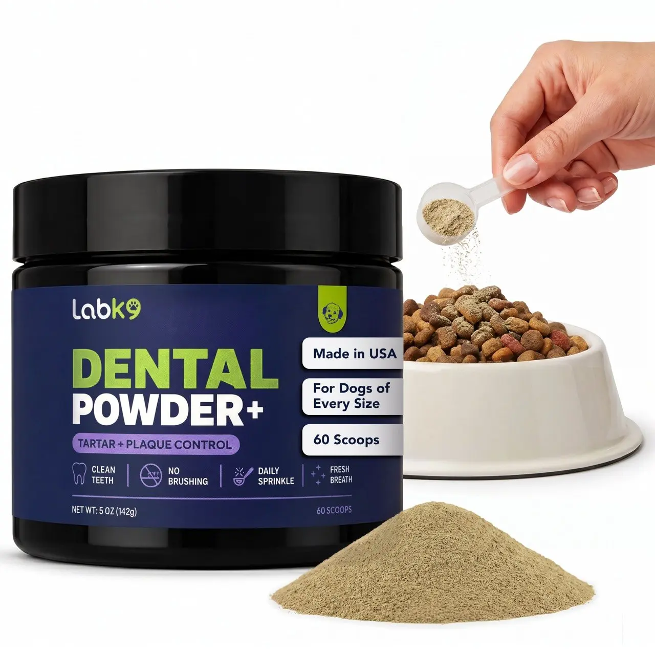 LabK9 Dog Dental Powder+ | Fresh Breath, Plaque & Tartar Support | No Brushing Required | Made in USA