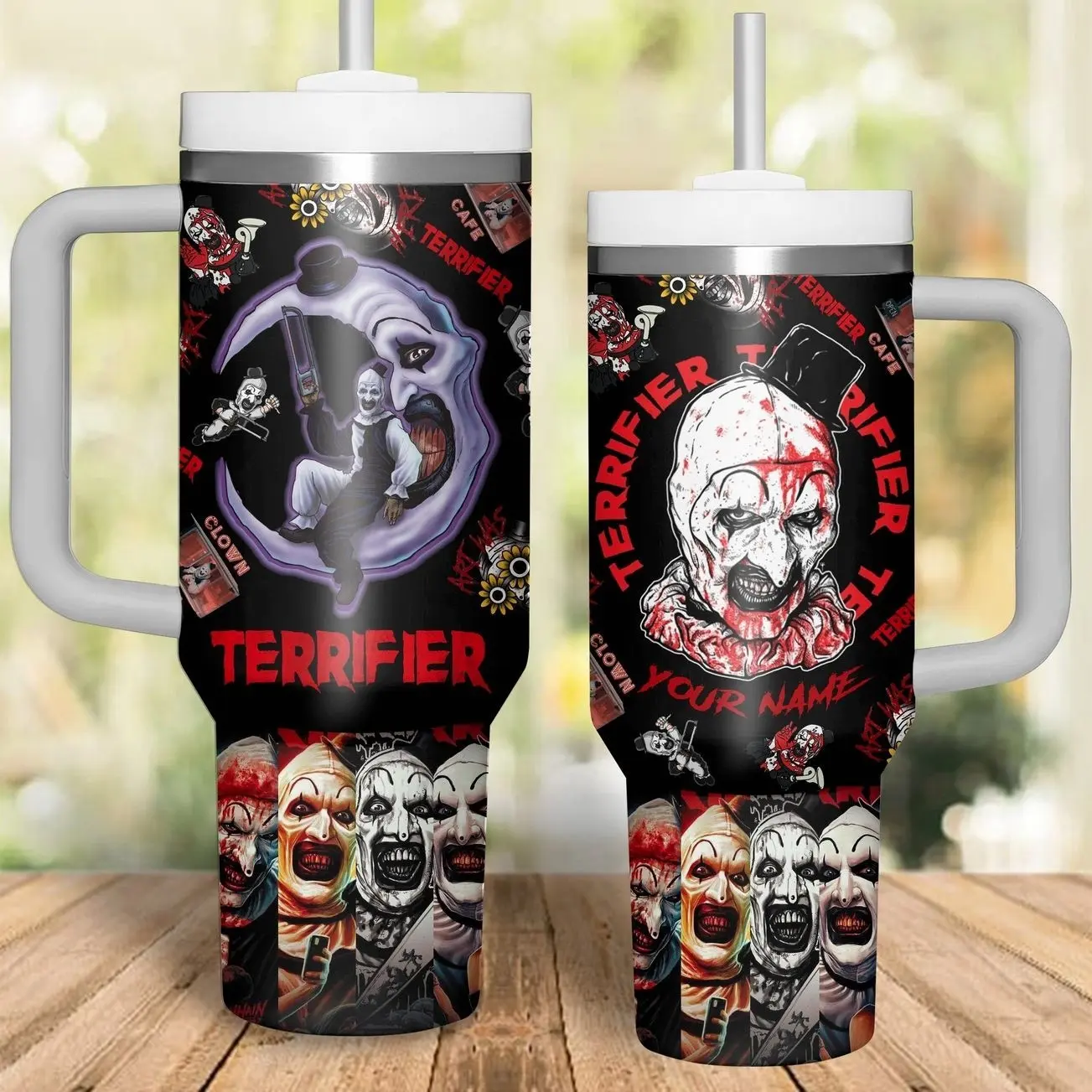 Custom Name Scary Killer Clown 40oz Tumbler with Handle | Personalized Slasher Horror Movie Travel Mug | Spooky Halloween Gift
