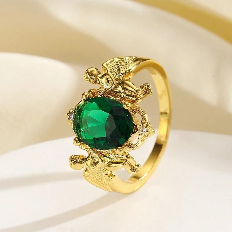 Women's Eternal Love Guardian Angel Motif Ring - Zinc Alloy with Green Cubic Zirconia, Star Accents, Suitable for Daily Wear, Wedding Gift, Plain