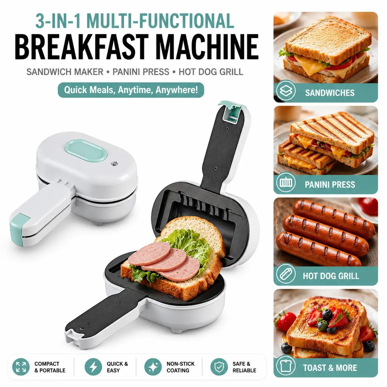 3-in-1 Multi-Use Compact Kitchen Breakfast Machine - Sandwich Maker, Panini Press, Hot Dog Grill for Toasts & More Quick Meals