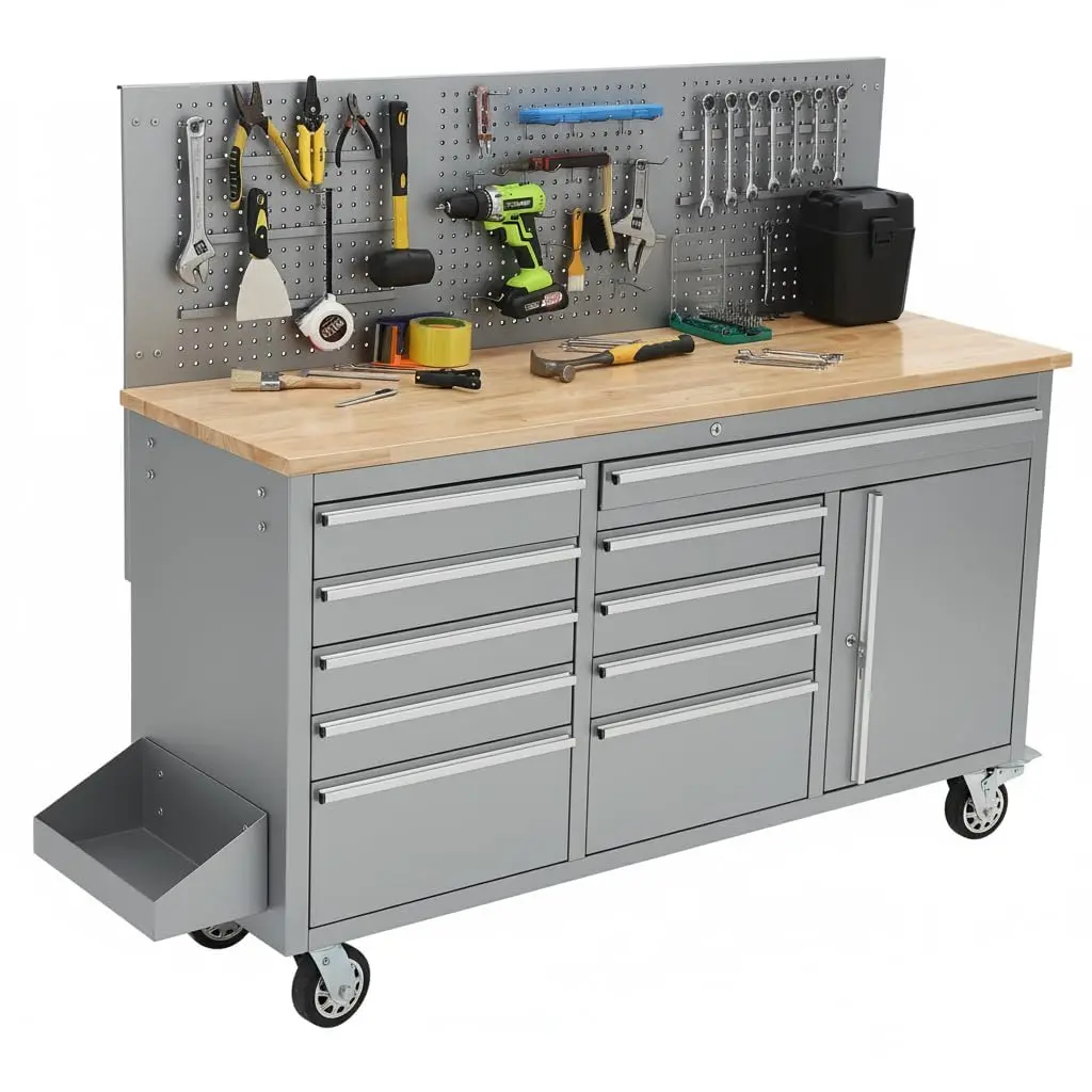 Garvee 61-in Lockable Tool Storage Rolling Chest - 10 Drawers Garage Workbench, Solid Rubber Wood Top, Power Strip, 1675 LBS Load Mobile Heavy-Duty Tools Workstation Cabinet