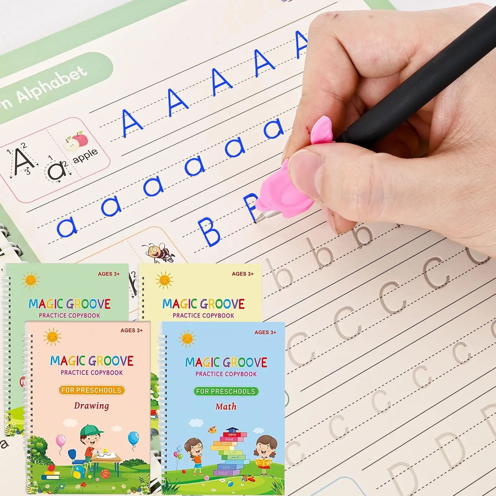 Magic Groove Handwriting Practice Book Set for Kids Aged 3-6, Reusable Learning Pad Preschool Teaching Supplies Learning Materials with Erasable Letters Numbers Coloring Math Skills Included