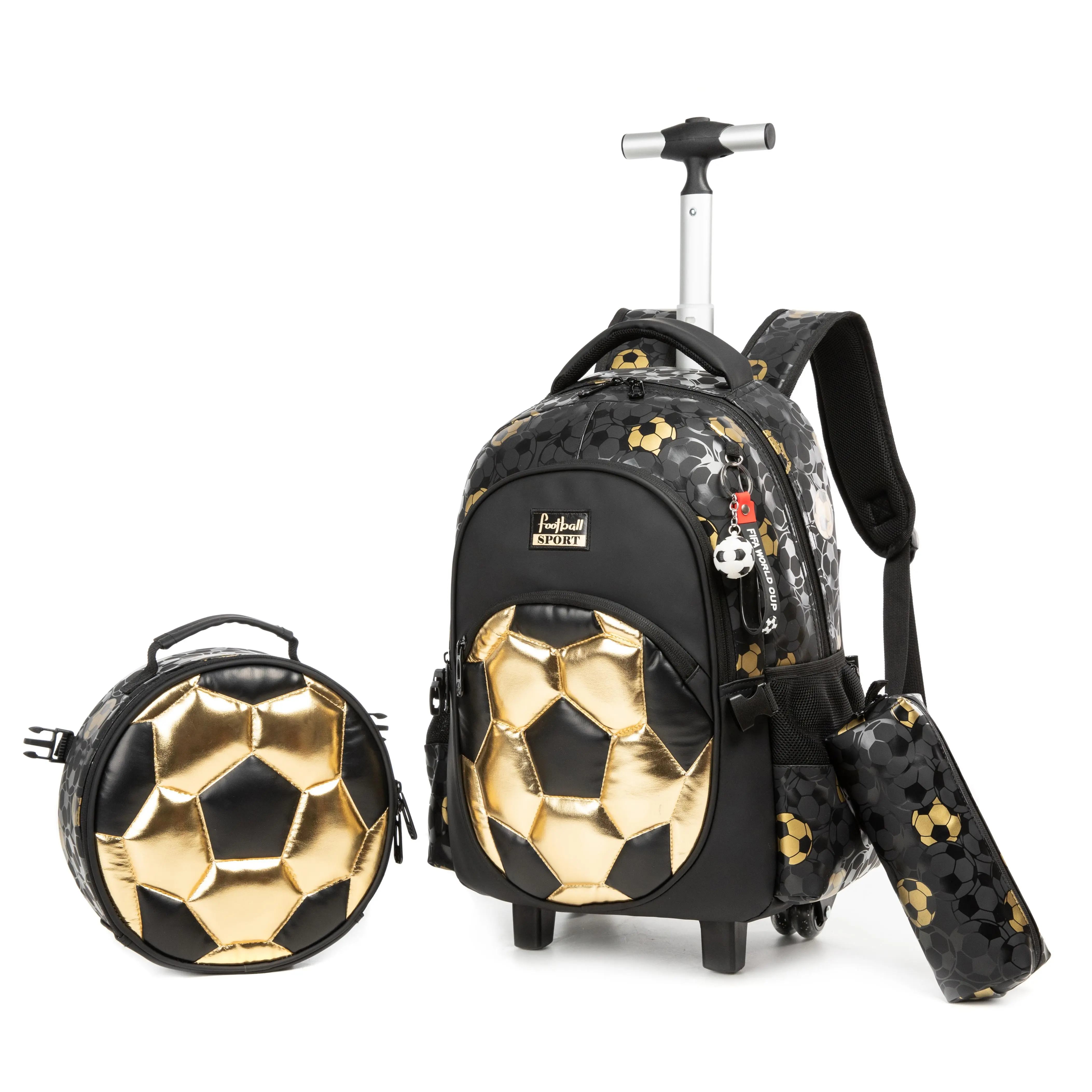 Black Gold Soccer Rolling Backpack Set for Boys | 3-in-1 Backpack + Lunch Bag + Pencil Pouch | Sports Design | Back to School Essentials aesthetic bookbag canvas lug travel bags