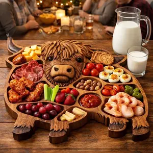 Highland Cow Charcuterie Board - Wooden Cheese Board Serving Tray, Rustic Farmhouse Meat Snack Platter with Compartments, Wall Mountable Highland Cow Decor, Solid Wood Cheese Platter for Entertaining, Housewarming Gift for Women Men