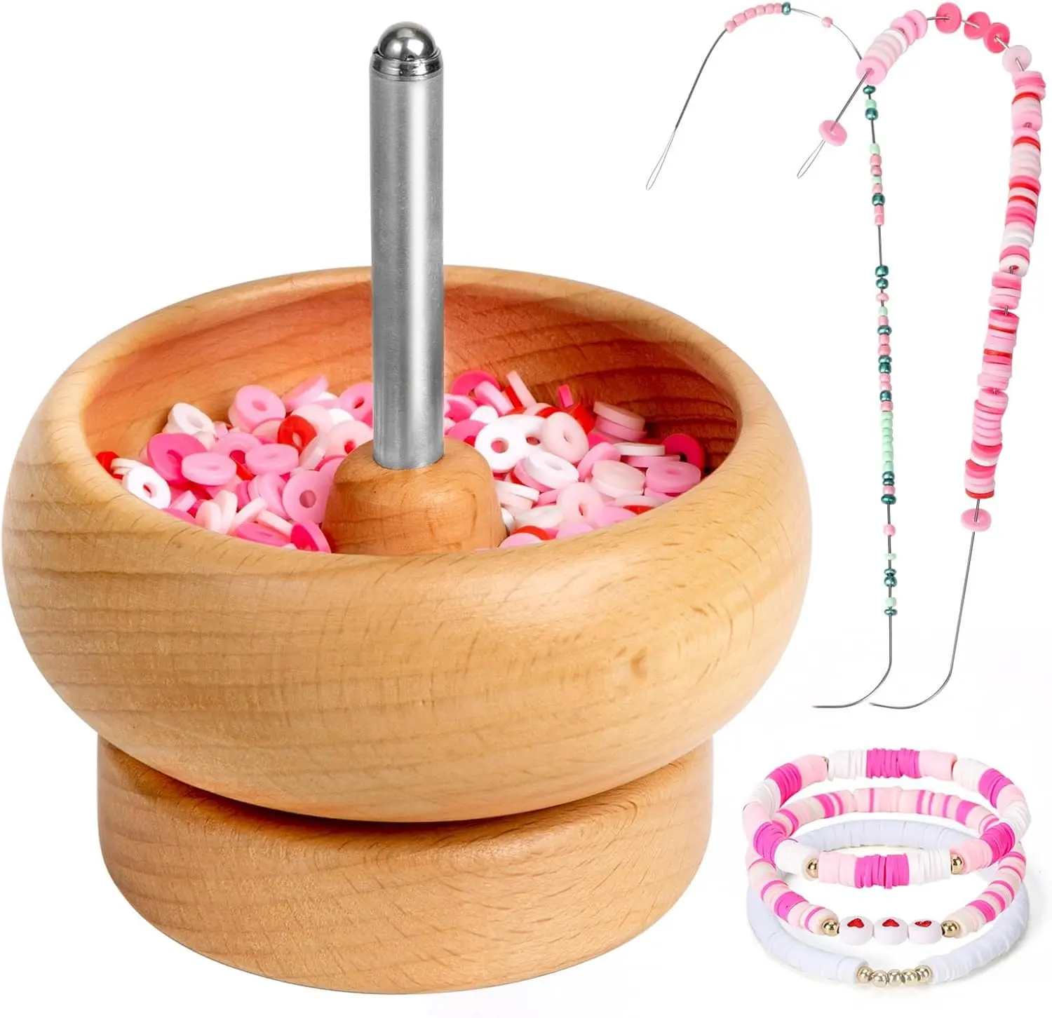 Bead Spinner for  Making, Effortless Rotating Wooden Clay Bead Spinner with 2 Big Eye Beading  and 3000 Seed Beads, Beading Supplies for Making , Bracelets, Necklace
