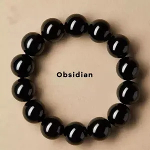 Natural Obsidian Stone Beads Bracelet Black Crystal Quartz Jewelry