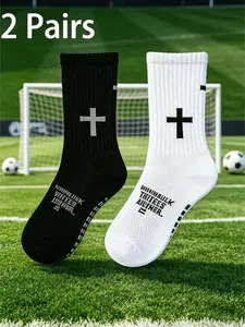 2 Pairs Men's Crew Socks, Cross Print Design, Breathable, Sweat-Wicking, Non-Slip, High Elasticity, Suitable for Sports & Daily Wear
