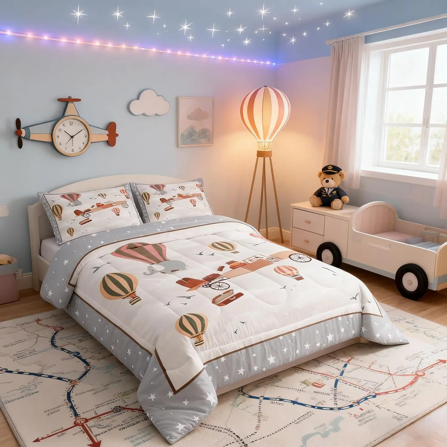 Feelyou Soft Kids Bedding Set - Multi-Size (Twin/Full/Toddler), Animals Themed Comforter with Duvet Insert, Cartoon Aircraft, Hot Air Balloon, Elephant, Dog & Starry Sky Prints for Children, Toddler Size, Tumble Dry In Low Heat, Machine Wash, Queen, Cozy