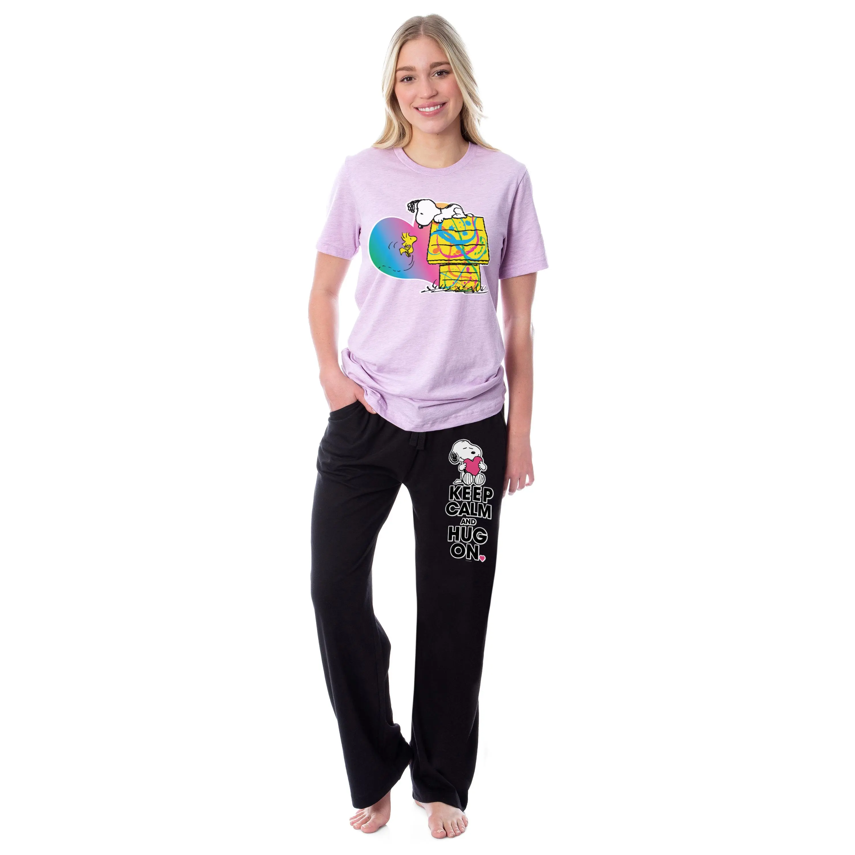 Peanuts Womens' Snoopy Woodstock Keep Calm Hug On Character Splatter Paint Sleep Pajama Set, Smooth, Nightwear