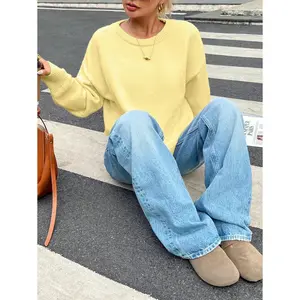 Women's Yellow Round Neck Drop Shoulder Long Sleeve Loose Casual Sweater Autumn Winter Knit Pullover Fabric Knitwear Basic Minimalist Tops