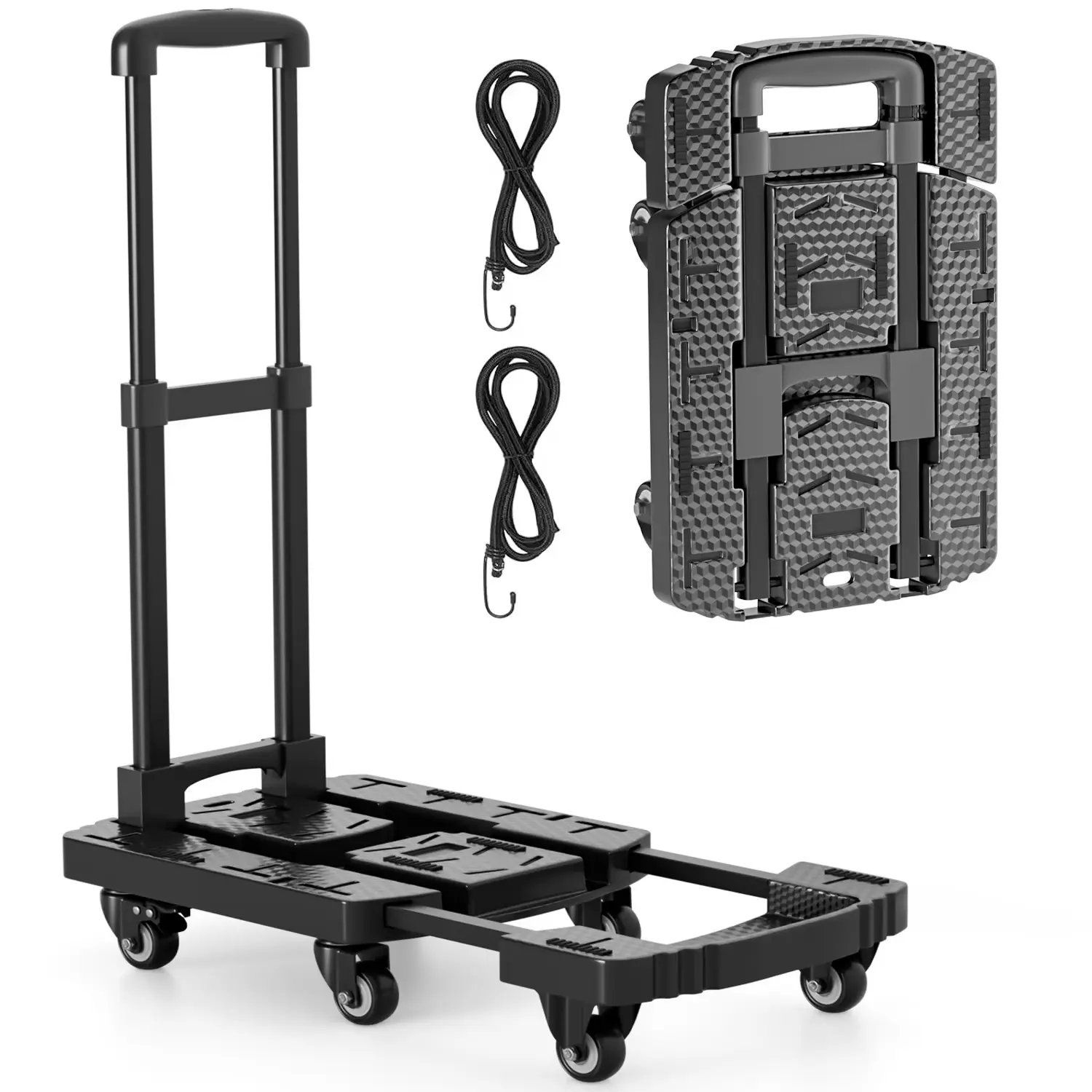 platform truck Versatile 880 LB Luggage Cart with Foldable Design,Utility Dolly Platform Cart with 6 Wheels & 2 Elastic Ropes for Luggage, Travel, Moving, Shopping, Office Use-Black