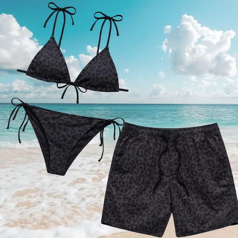 Black Leopard Print Matching Couple Swimwear Set Triangle Bikini Hawaiian Shorts Women Men Summer Beach Vacation Pool Party Comfy Loose Cheetah Swim Outfit