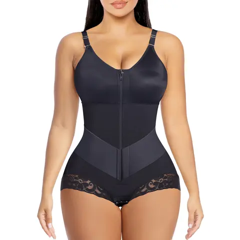 YIANNA V-Shaped Shapewear Bodysuit for Women Tummy Control Fajas Colombianas with Front Zipper, Adjustable Straps & Lace Trim Brief Bottom