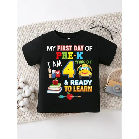My First Day of Pre-K I Am 4 Years Old Ready to Learn - Colorful Back to School Graphic Tee, Soft Cotton Kids T-Shirt for Boys Girls, Funny Preschool First Day Outfit, Cute School Bus Apple Books Print Gift for 4 Year Old