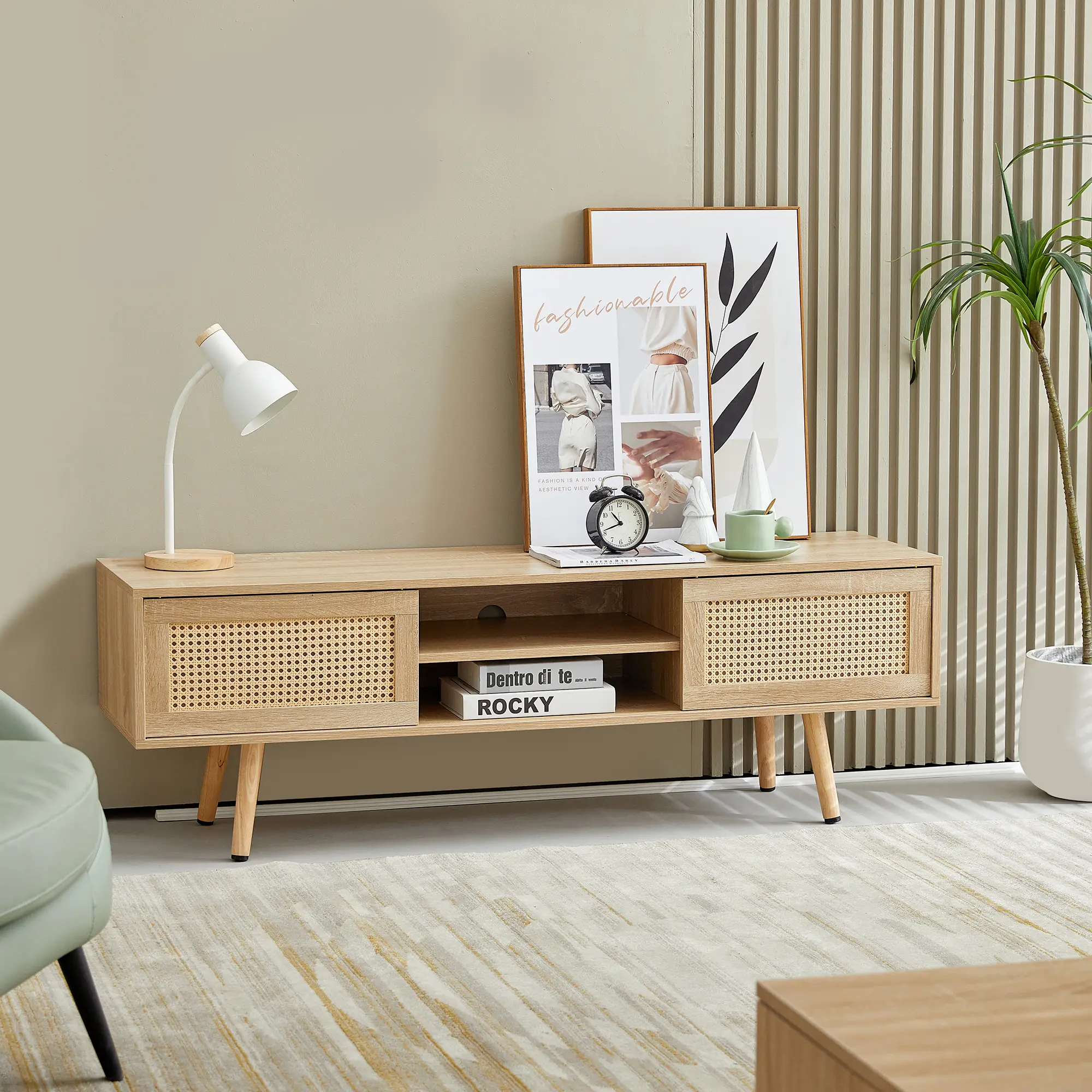 55.12" Rattan TV cabinet, double sliding doors for storage, adjustable shelf, solid wood legs, TV console for living room ,natural, Wooden Tv Stand, Living Room Decor