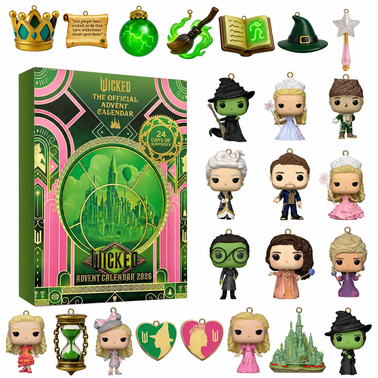 Pink & Green Witch Musical Advent Calendar 2026 | 24 Days 2D Acrylic Flat Tree Ornaments | Broadway Magic Christmas Countdown Box Gift