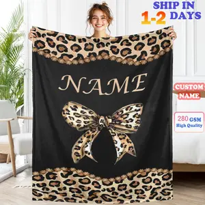 Custom Bow & Leopard Flannel Blanket - High-Quality Digital Print on Soft Fleece and Plush Fabric Throw Blankets, Perfect for Bed, Sofa, Travel, or Car Use. Machine Washable, Hypoallergenic, and Cozy. Personalized with Your Name