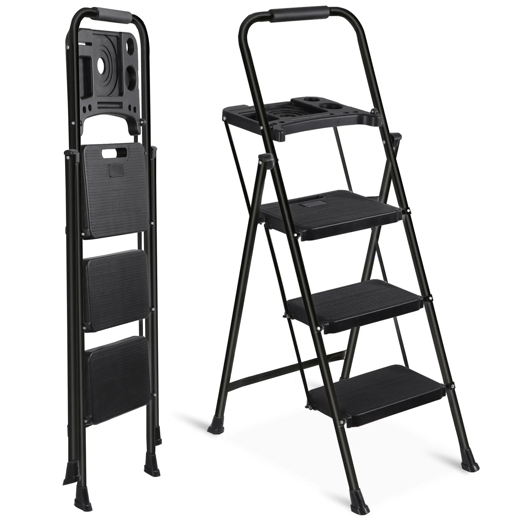Zenstyle 3/4/5-Step Steel Portable Folding Ladder - 13lb Lightweight Retractable Collapsible Ladder with Durability, Integrated Tool Tray, Handgrip, Antislip Pedals, Safety Locking, 330 lbs Max Load for Home Kitchen Decorating