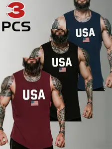 3 Pack Men's Quick Dry Gym Tank Top, Flag Print Sleeveless Gym Tops Training Shirt, Fitness Muscle Athletic Ves, Gymwear, Sleeveless Activewear