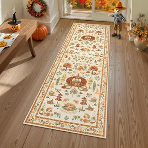 Autumn Pumpkin Pattern Long Hallway Carpet, Animal Floral Design, Non-Slip Washable Farmhouse Rug for Home Decor