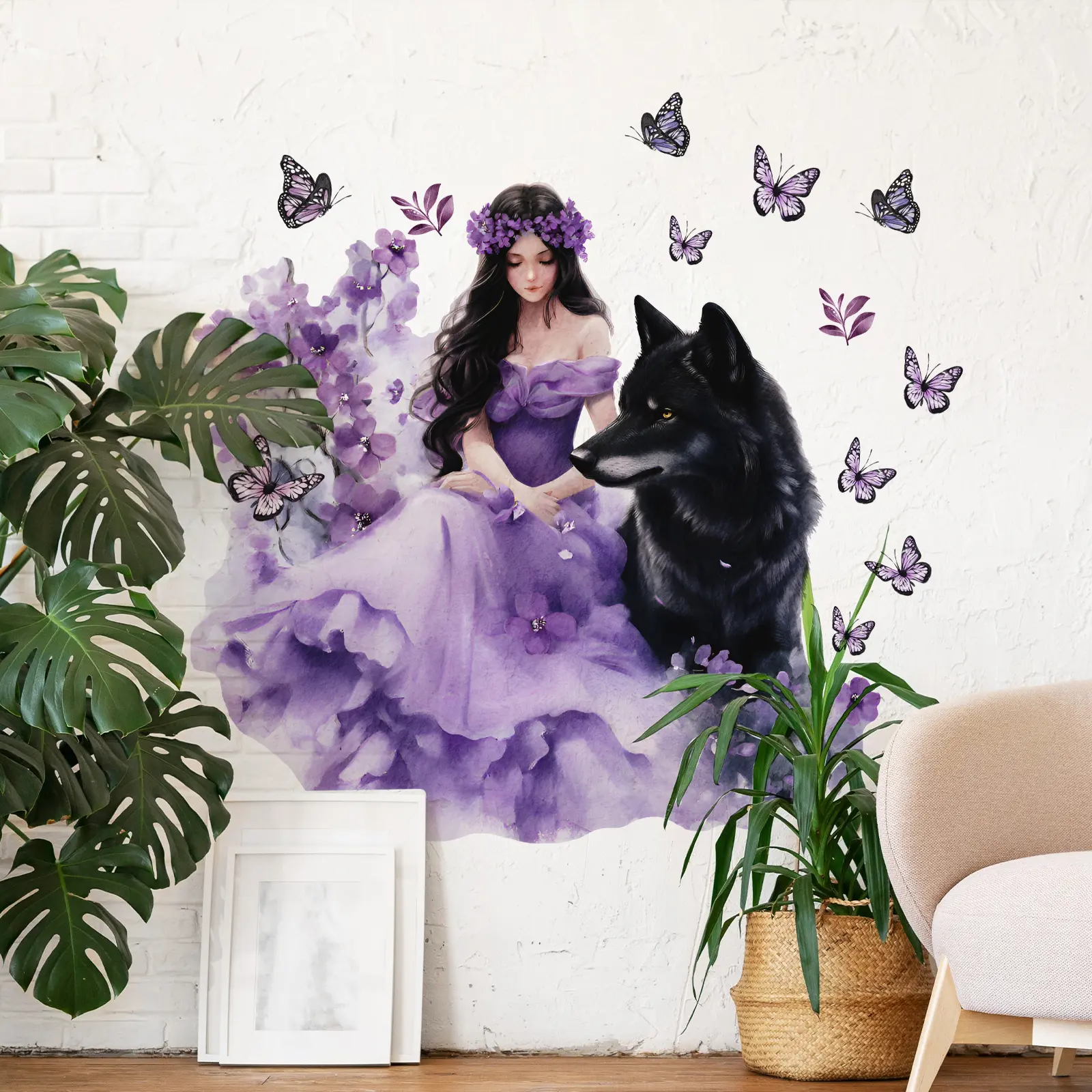 A set (30*60cm*2pcs) of "Purple Skirt and Black Wolf" 2D flat wall stickers, Wall Decals, home decoration self-adhesive wall stickers, Decorative Sticker, Wall Art Stickers, Wall Decorations, M16637-KX