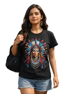 Colorful Tribal Headdress T-Shirt, Native Inspired Portrait Graphic Tee, Boho Streetwear