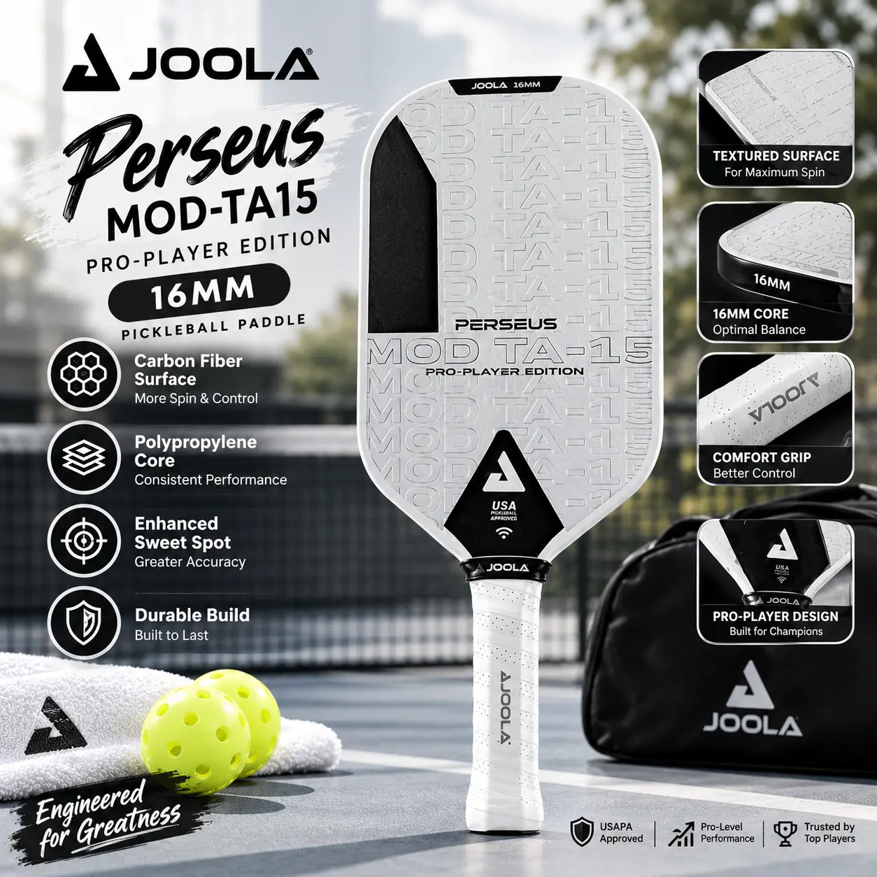JOOLA Perseus 16mm MOD TA-15 Pro - Player Edition Global Pickleball Paddle Sports Gift for Adults Birthday Holiday