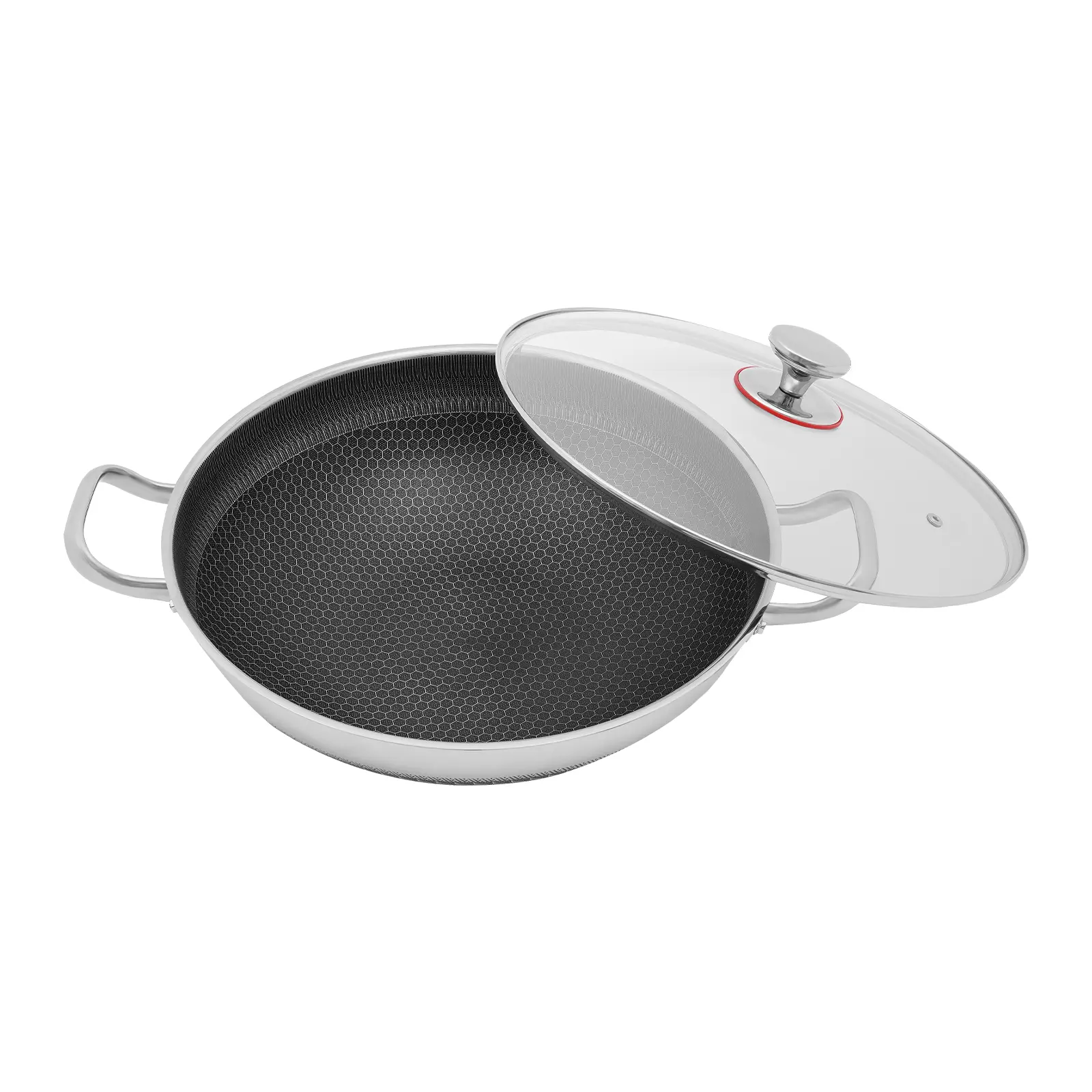 14 Inch 410 Stainless Steel Honeycomb Frying Pan Non Stick Skillet With Glass Lid Dual Handles Kitchen Cookware