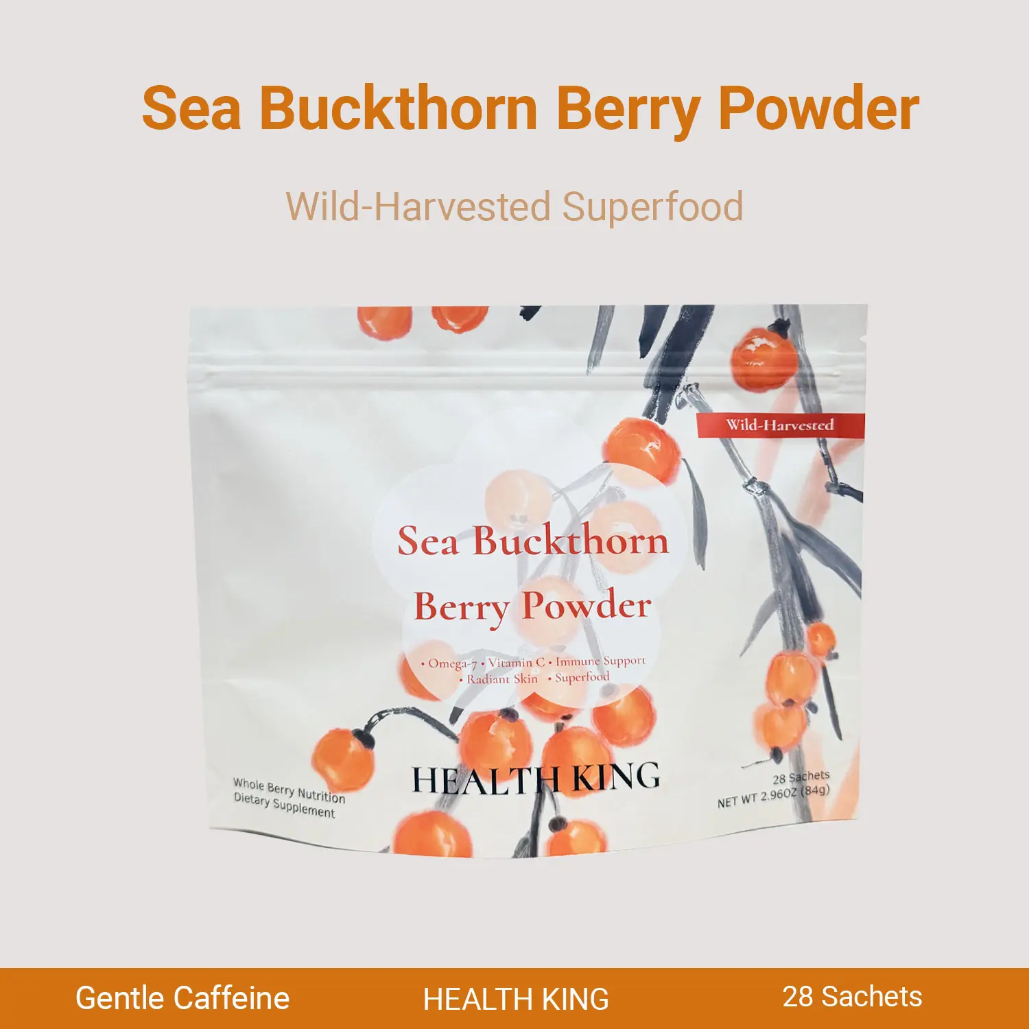 Health KingSea Buckthorn Skin Tea, High Vitamin C Herbal Tea, Natural Superfood Drink, Rich in Vitamin C, Omega-7, Glowing Skin, Herbal Tea, Functional Tea, Organic Tea, Wellness Beverage, Portable Individual Sachets, 28-Pack