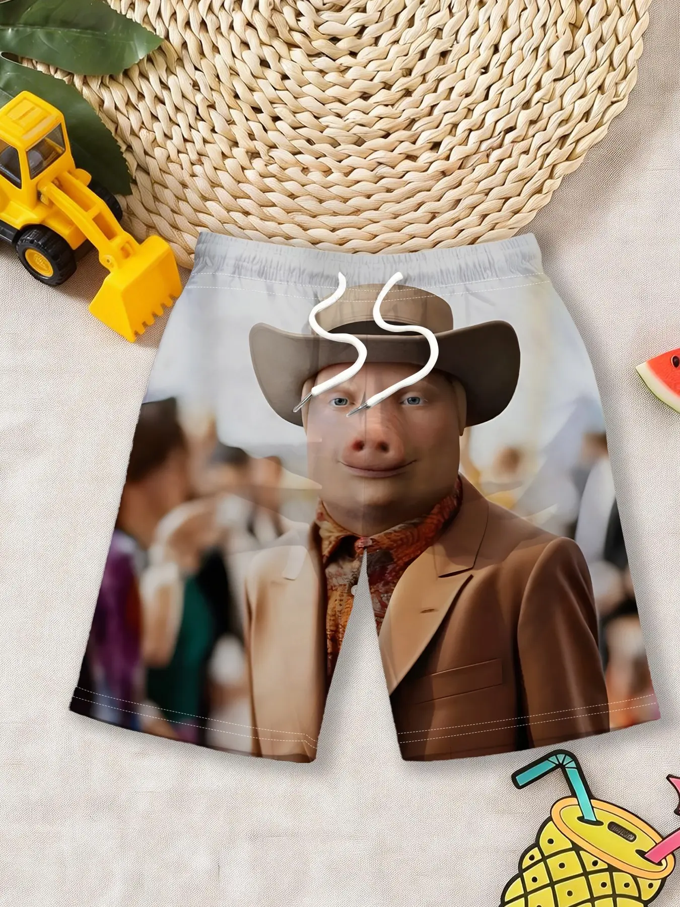 Boys' Athletic Shorts, Summer Casual Shorts, "John Pork Western Meme Edition" Denim Blazer Pig Face Print Quick-Drying Shorts, Comfortable, Loose, Non-Restrictive, Suitable for Daily School, Beach, Home and Outdoors