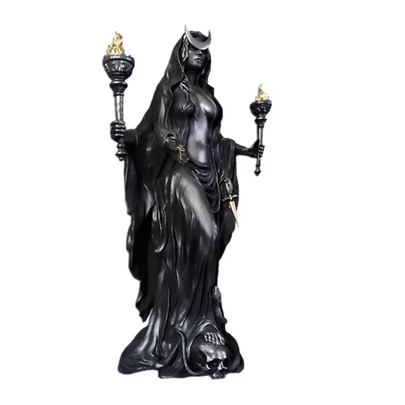Hecate Greek Goddess Statue with Wolf Design, Resin Altar Ornament, Includes Torch and Key, Witchcraft Mythology Decorative Piece