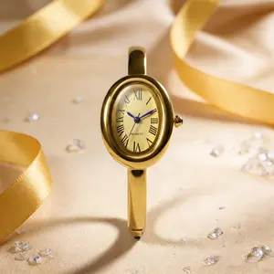 [Mother's Day Gift] Dainty Gold Cuff Watch - Elegant Oval Dial Quartz Watch For Women Waterproof - Retro Style Fashion Bracelet Wristwatch Birthday Gift For Her