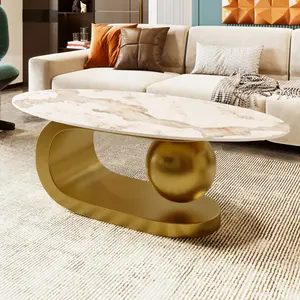 Modern Oval Coffee Table for Living Room, Marble Pattern Sintered Stone Coffee Tabletop with Gold Stainless Steel Base in 47.2"