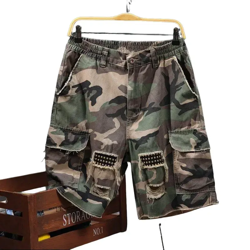Camouflage High-Cotton Cargo Shorts | Distressed Streetwear Bottoms Size Up If You Prefer Loose Style