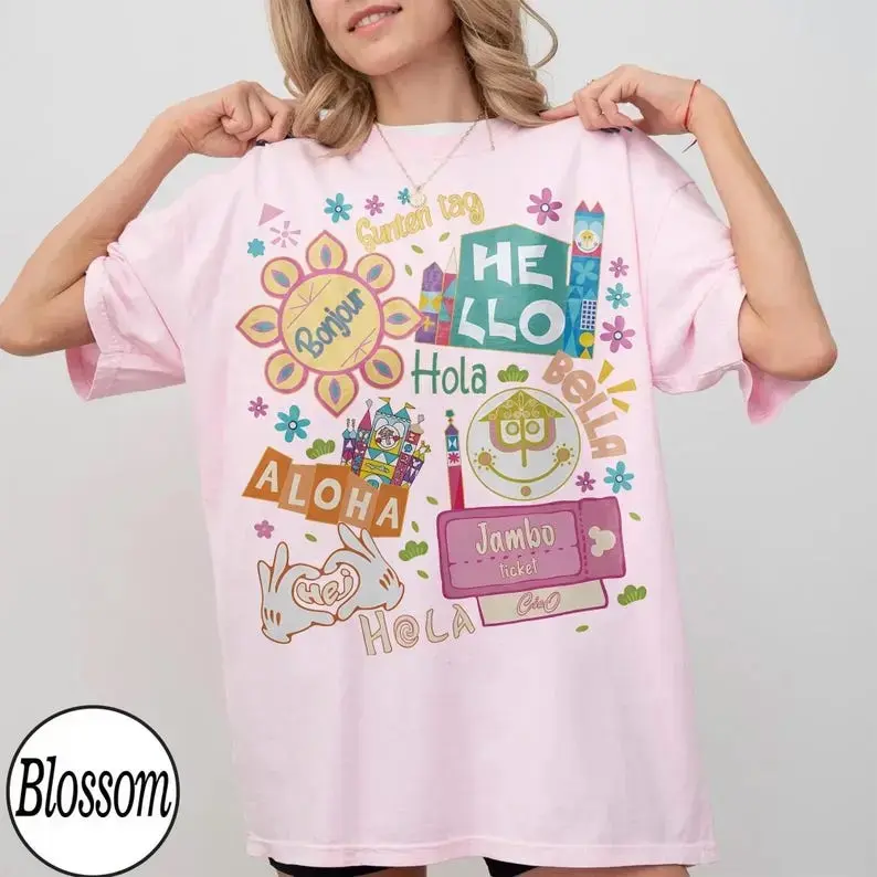 Women's 'Hello Around The World' Retro Graphic Print T-shirt, Loose Fit Cotton Crew Neck with Fade-Resistant Print for Family Trips, Retro Vintage, Ribbed Crew, Printed, Round Neck