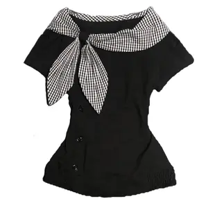 Pure cotton American retro vintage irregular short-sleeved T-shirt millennial y2k ancient plaid navy collar top