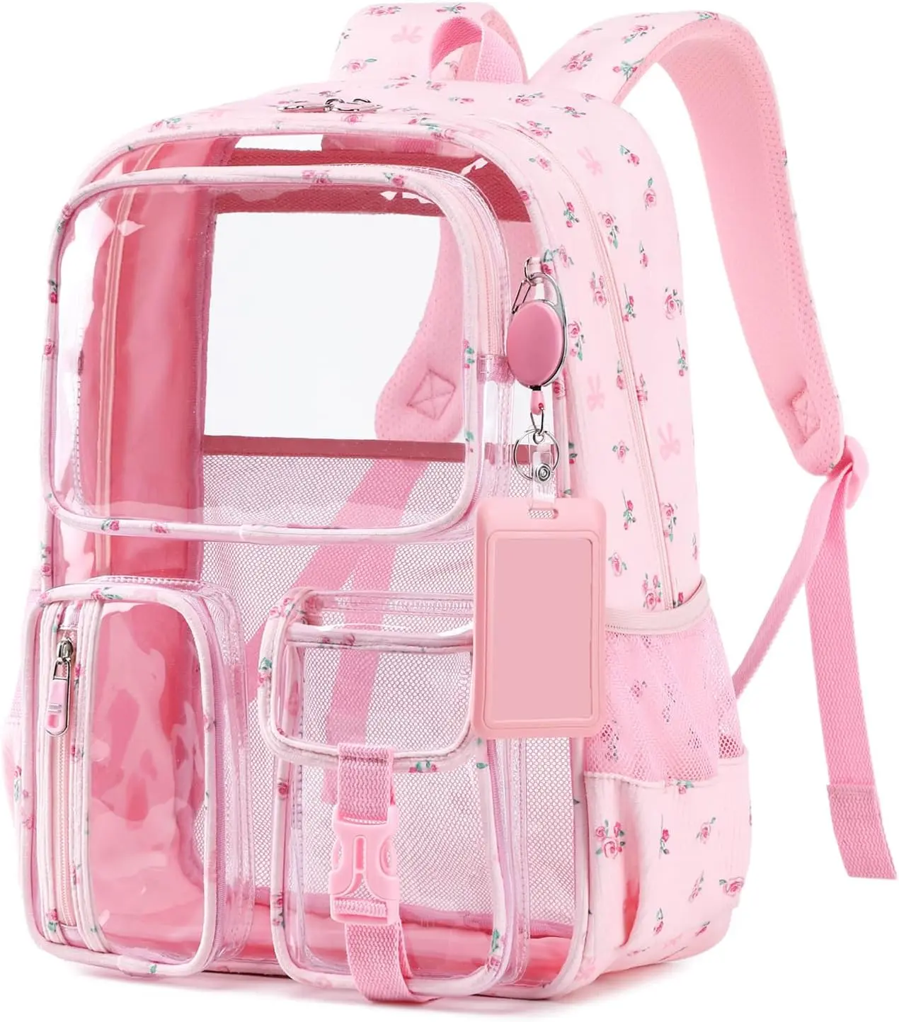 Cute Corduroy Heavy-Duty School Backpack for Girls with Badge Holder, Zipper, Pink Flower Print, Functional Bookbag