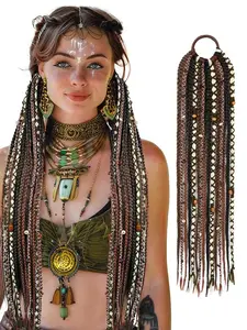24 Inch Boho Braided Ponytail Extension, Hand-Braided Viking Dreadlock, Beaded Synthetic Hairpiece, Women's Festival Cosplay Accessory