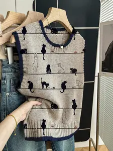 Women's Casual Loose-Fitting Round Neck Sleeveless Knit Top Lightweight, Cartoon Cat Print, Deep Blue Edge, Fall & Winter Fashion, Vests, Womenswear