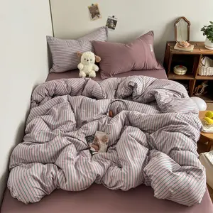 New 3pc Purple minimalist striped decorative duvet cover three piece set (1PC duvet cover+2PC pillowcase) soft and skin friendly pillowcase, fresh and girlish style duvet cover, breathable and non stuffy, washable, suitable for all seasons