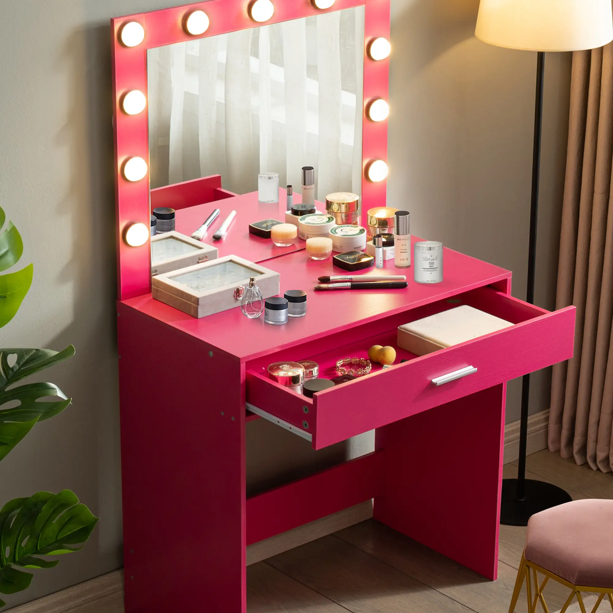 Pink Mirrored Vanity Desk - Glamorous Dream Furniture with 3-Light Mode Adjustable LED Mirror, Large Drawer, Organization, Hollywood-Style Lighting, Assembly Required, Mother's Day Gift for Small Bedrooms