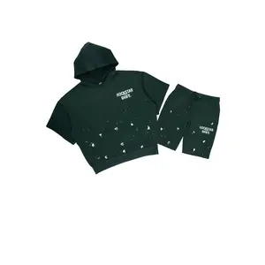 Raffer Forest Green Cut Sleeve Hoodie Short Set