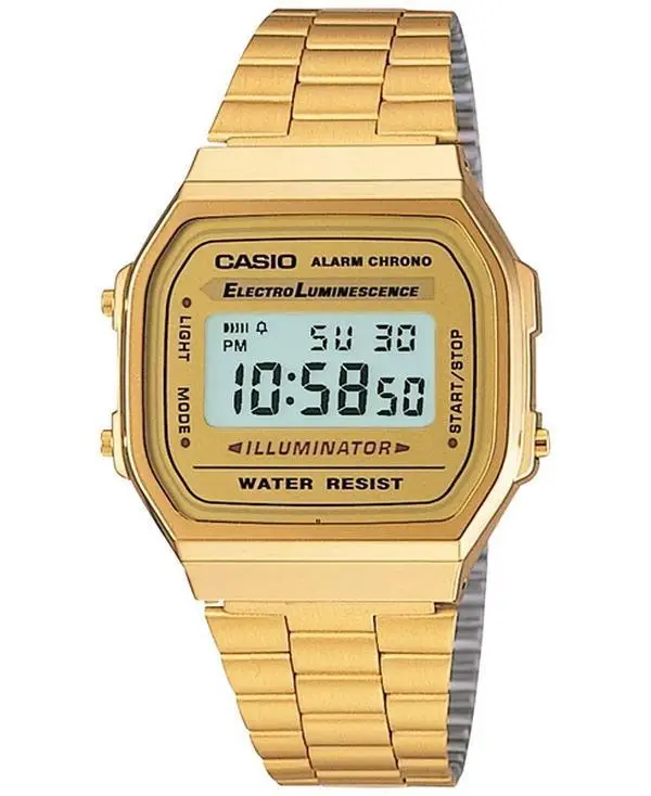 Casio A168WG-9 Men's Digital Watch Vintage Gold-Tone Stainless Steel Bracelet 39mm x 39mm Square Case Water Resist Electro Luminescence