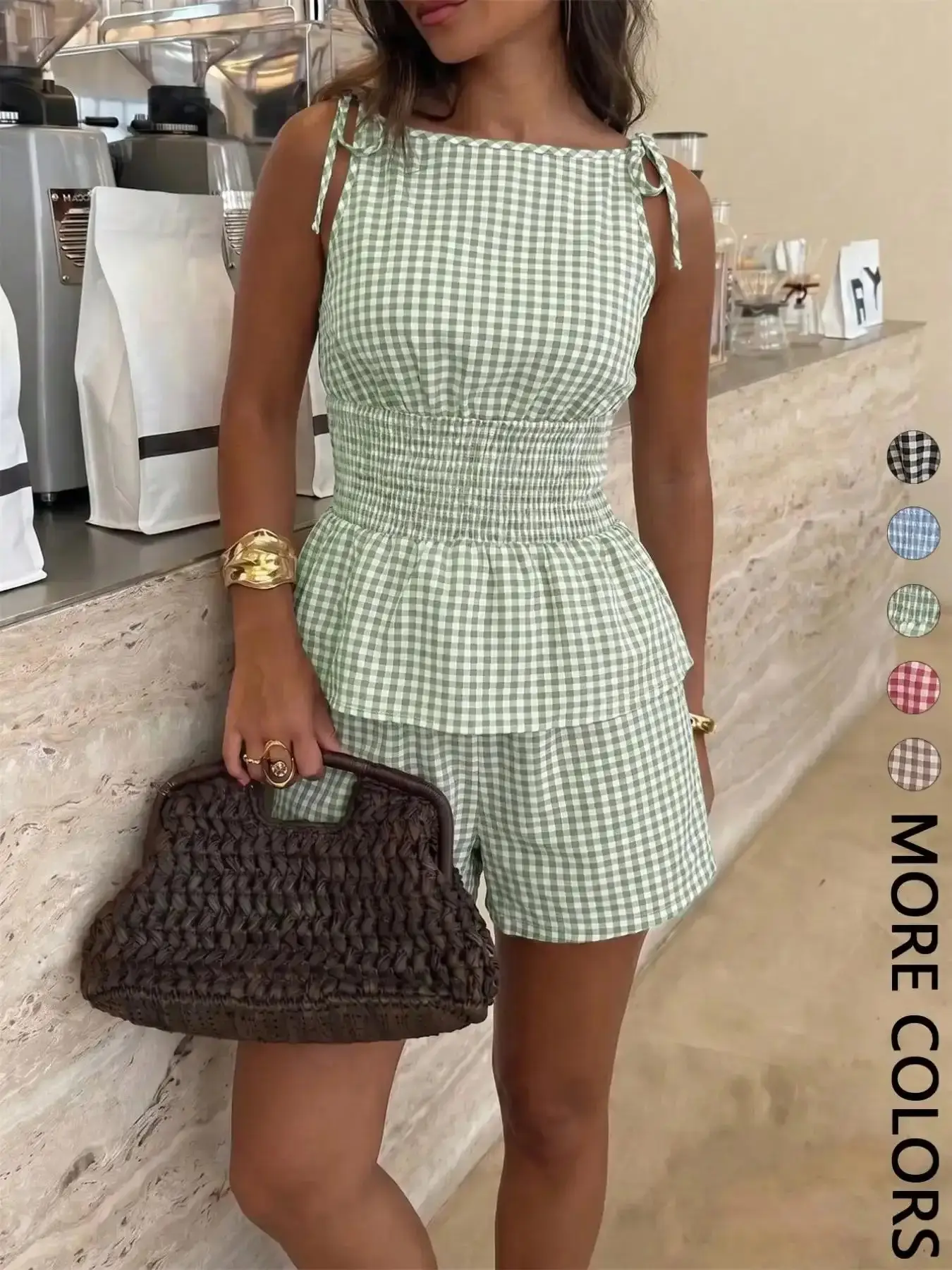 Women's Gingham Check Textured Woven Tank Top & Shorts Set, Adjustable Tie Shoulder Straps, Smocked Waist, Peplum Hem, Elastic Waistband, Breathable Lightweight Fabric, Daily Casual Vacation Home Leisure Aesthetic Wear 2